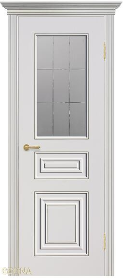 Межкомнатная дверь Геона Арлетт, ПВХ- шпон софт айс, остекление сатинат белый с гравировкой и витражом, цвет патины: золото по контуру